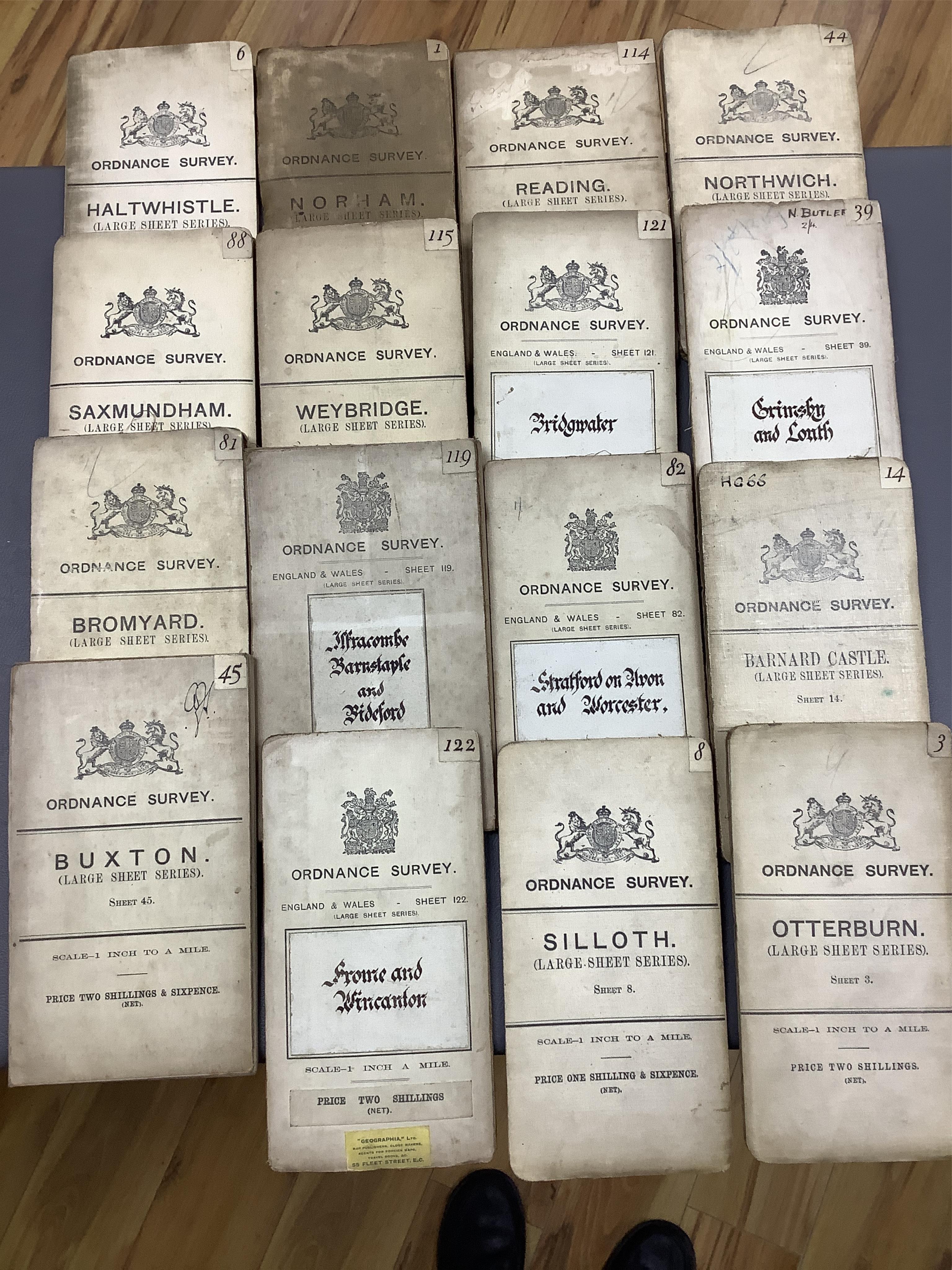 Forty-four early Ordnance Survey maps on cloth backing, 1 inch to a mile. Condition - fair.